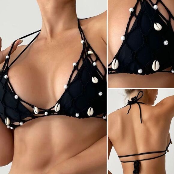 SeaShell Bikini Cover l Black String l Tie Back l Triangle Cut l OS l New - Picture 1 of 12